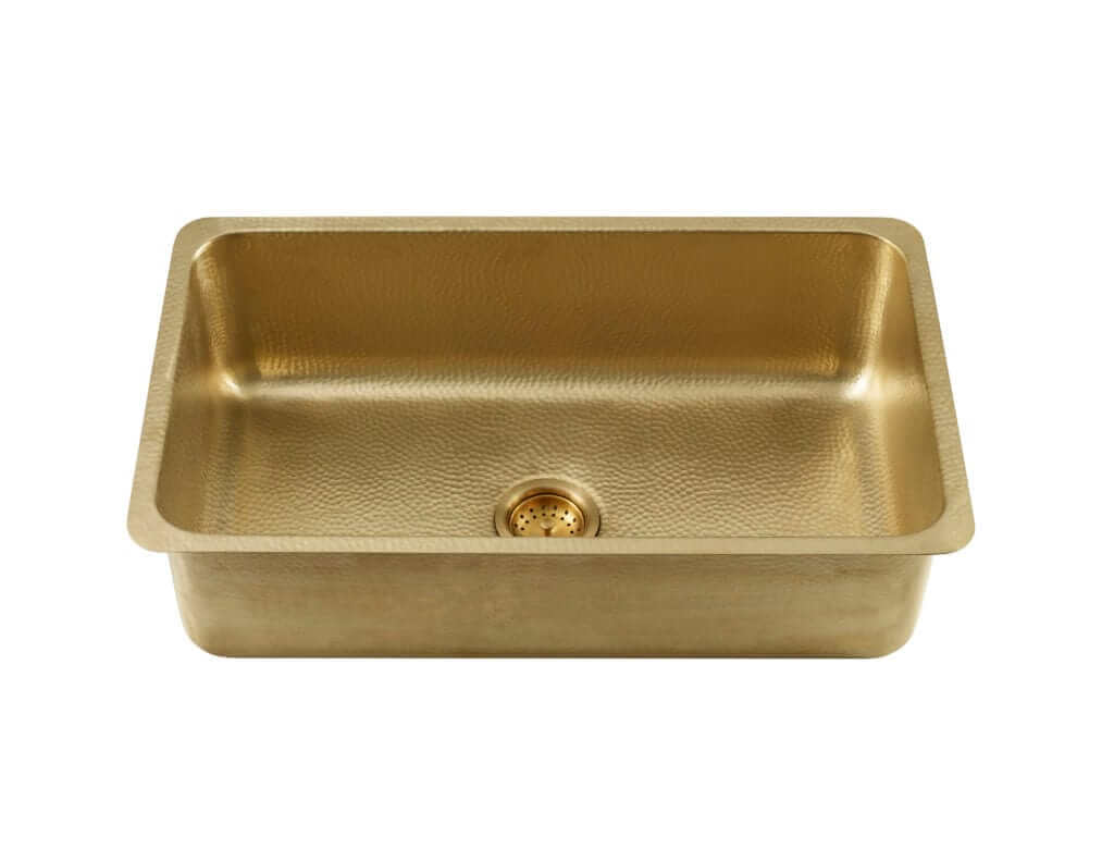 Thompson Villa 31" Hammered Brass Kitchen Sink - KSU-3118HPB, elegant single bowl design with hammered finish.