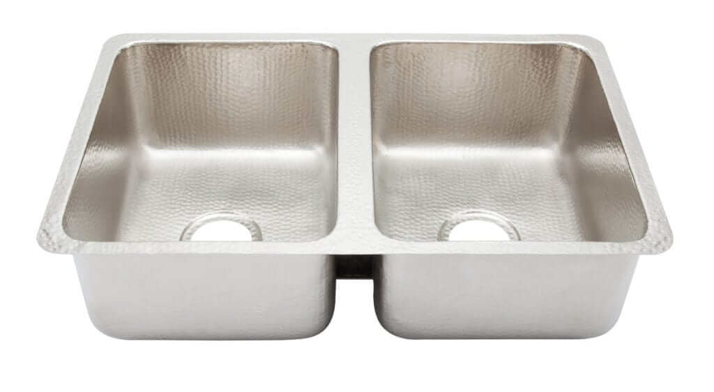 Thompson Villa 31" Hammered Stainless Steel Double Bowl Kitchen Sink - KDU-3120HSS, seamless double bowl design.