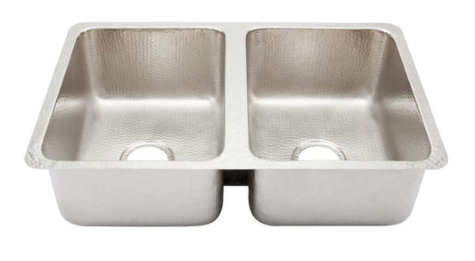 Thompson Villa 31" Hammered Stainless Steel Double Bowl Kitchen Sink - KDU-3120HSS, seamless double bowl design.