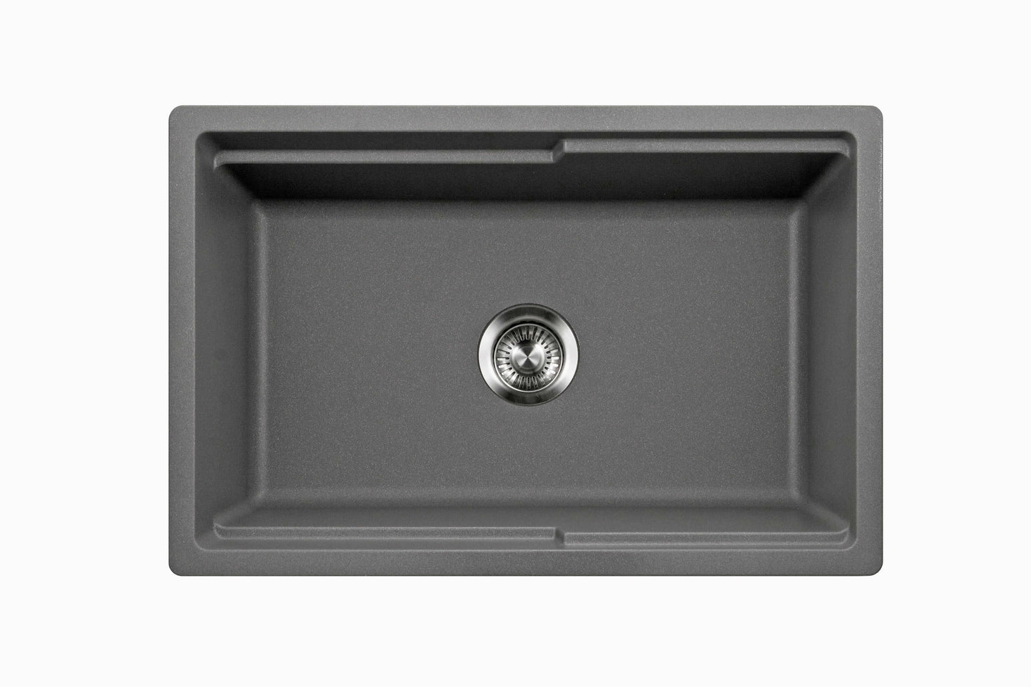 HOUZER QUARTZTONE 30" Cloud Apron Front Granite Composite Workstation Kitchen Sink with Accessories, top view in grey finish.