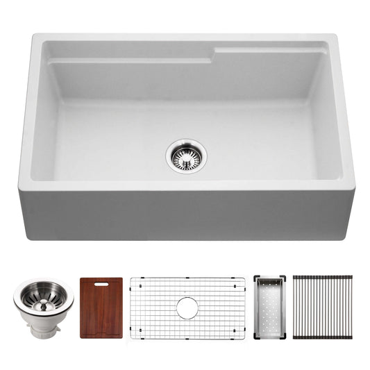 Top view of HOUZER QUARTZTONE 33" Cloud Apron Front Granite Composite Workstation Kitchen Sink with Accessories
