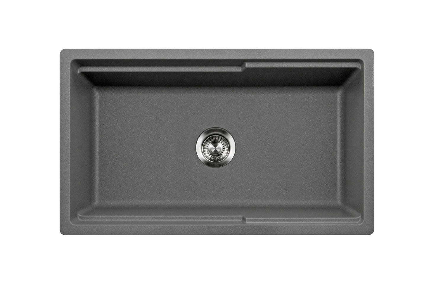 HOUZER QUARTZTONE 33" Cloud Apron Front Granite Composite Workstation Kitchen Sink with Accessories - Top view in charcoal finish.
