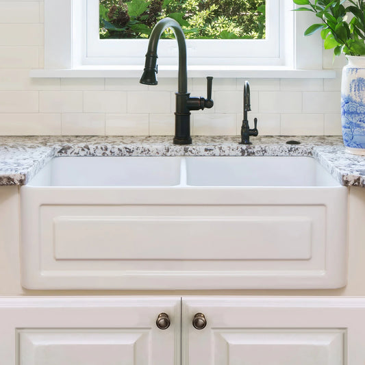 WHITEHAUS 33" Farmhaus Fireclay Reversible Double Bowl Sink WHFLRPL3318-WHITE