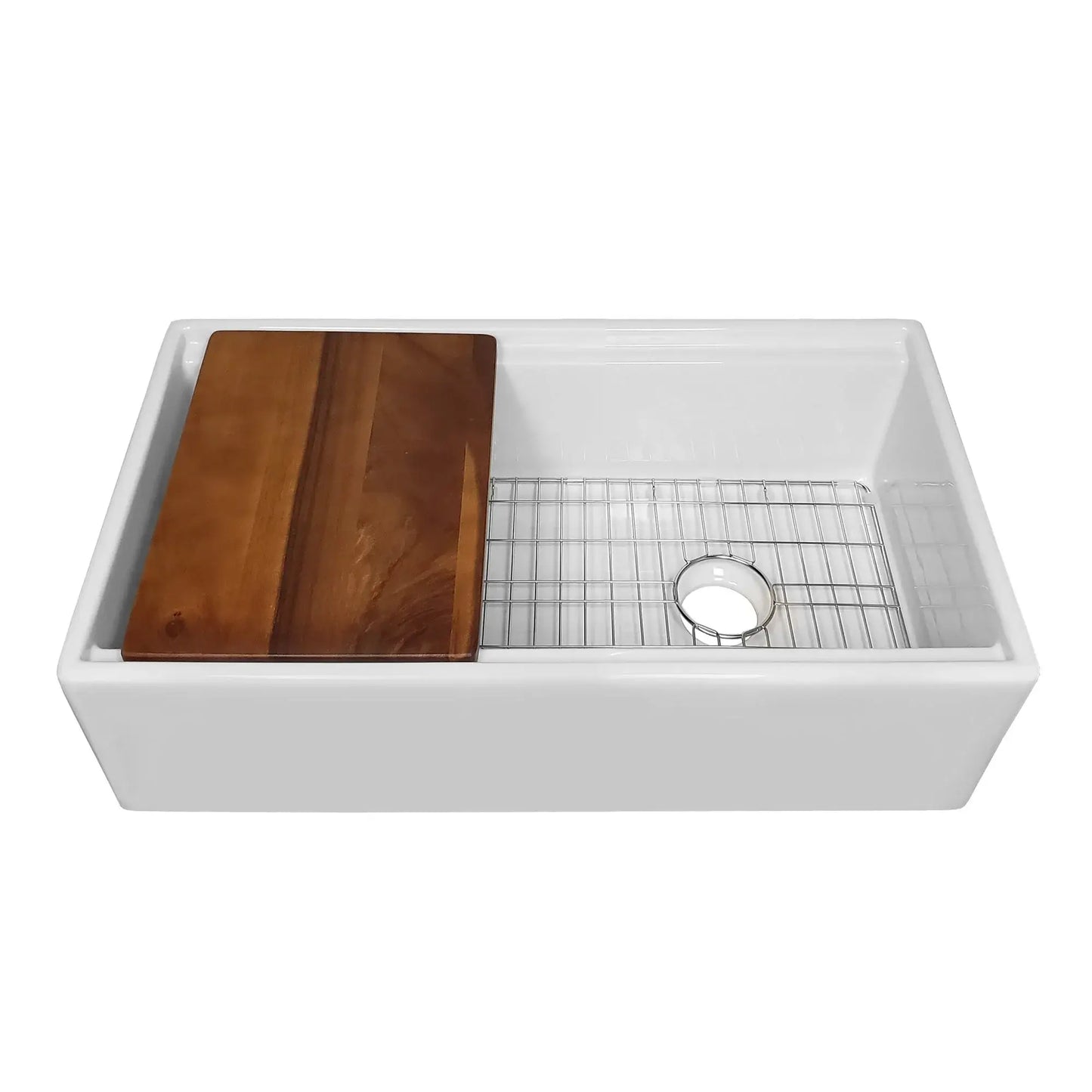 Whitehaus Fireclay 33" Farmhouse Single Basin Fireclay Kitchen Sink with Basin Rack and Cutting Board in white