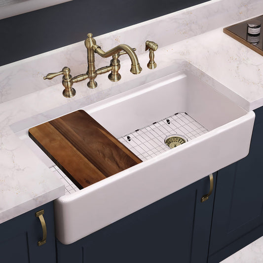 Whitehaus farmhouse 36" fireclay offset-drain workstaion sink with accessory ledge - lifestyle image