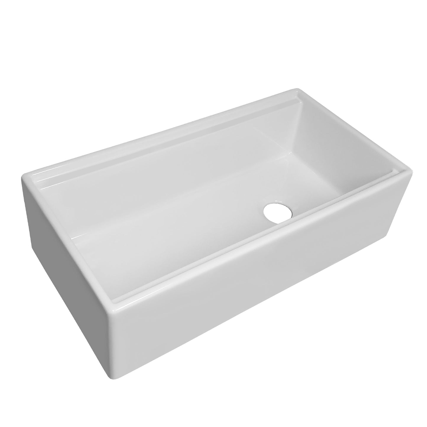 Corner angle view of Whitehaus reversible fireclay farmhouse workstation sink showing offset drain and accessory ledge