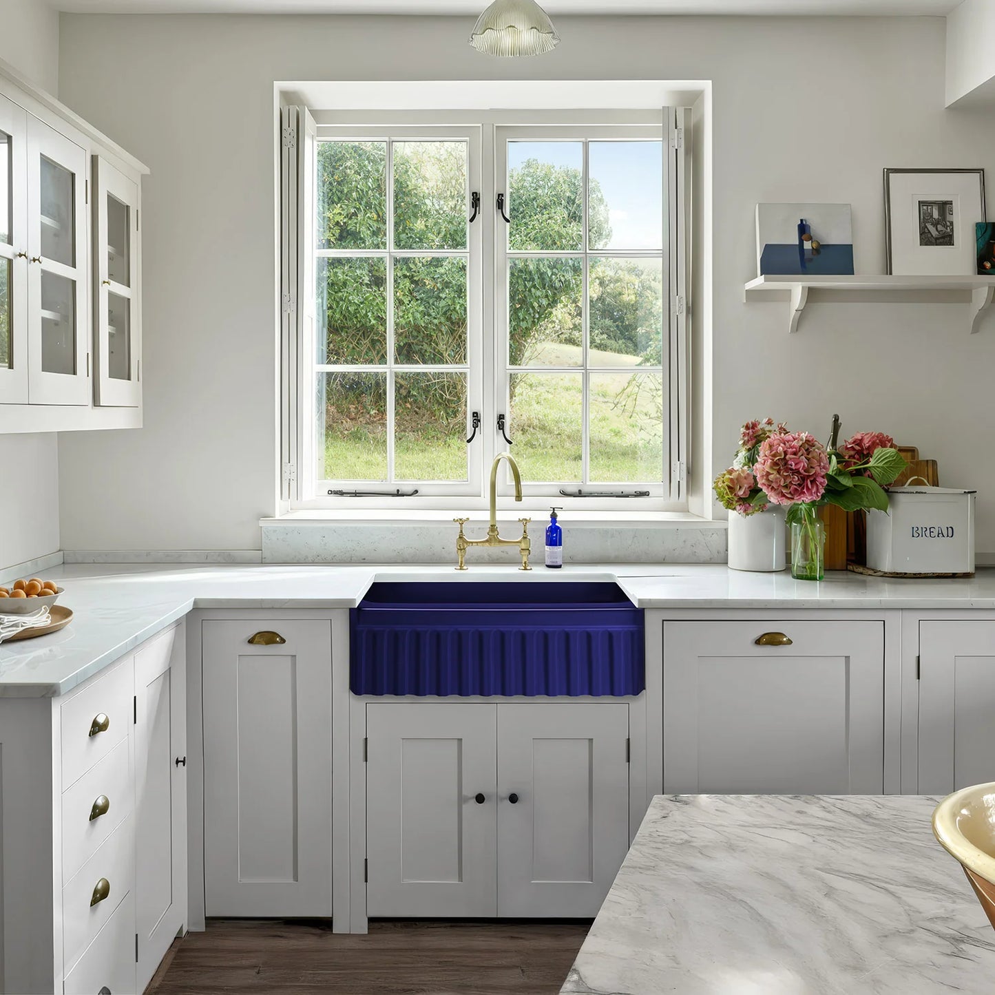 WHITEHAUS 30" Farmhaus Fireclay Quatro Alcove Reversible Sink WHQ33 in a stylish white kitchen.