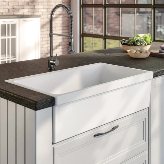 WHITEHAUS 36" Farmhaus Fireclay Quatro Alcove Large Reversible Sink in modern kitchen setting.
