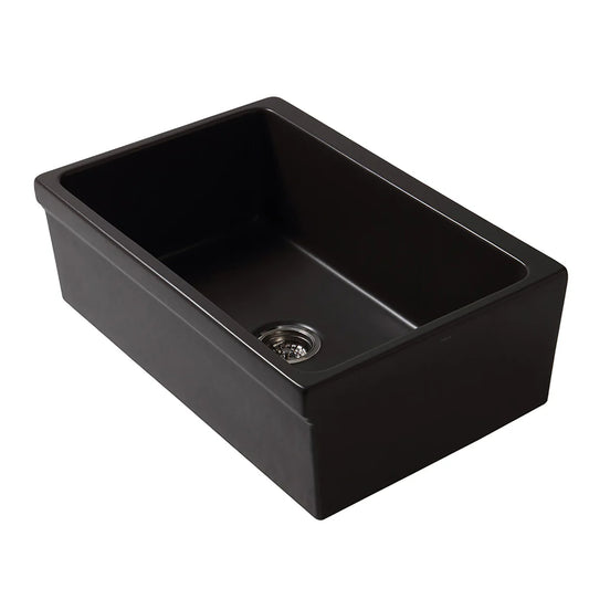 WHITEHAUS 30" Glencove Fireclay Reversible Sink in sleek black design showcasing modern elegance.