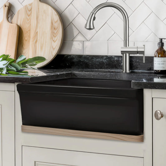 WHITEHAUS 30" Glencove Fireclay Reversible Sink installed in modern kitchen with sleek faucet.