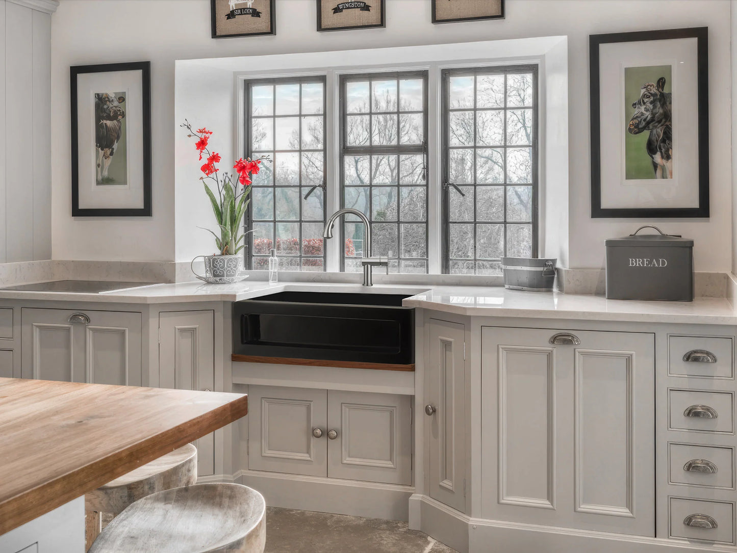 WHITEHAUS 33" Shakerhaus Reversible Kitchen Fireclay Sink WHQ5550 installed in modern kitchen with gray cabinetry.