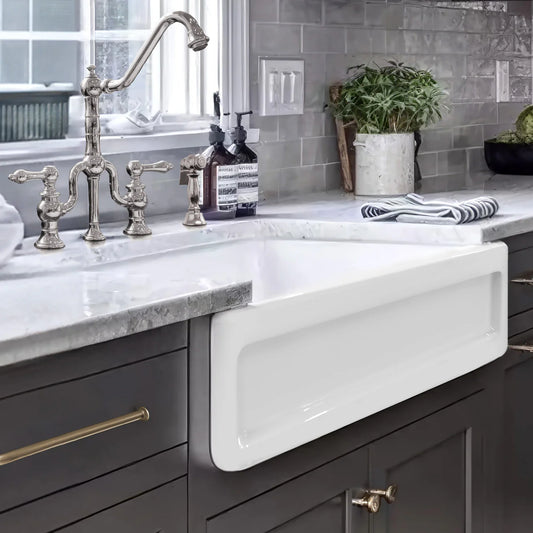 WHITEHAUS 33" Shakerhaus Reversible Kitchen Fireclay Sink WHQ5550 showcased in a modern kitchen setting.