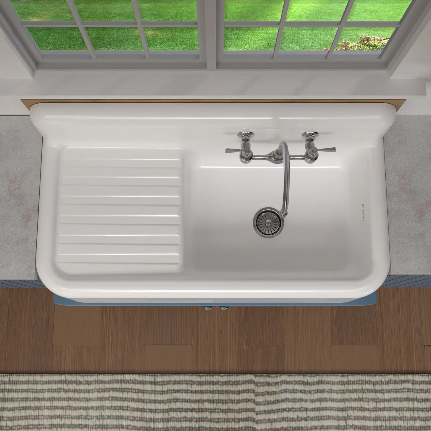 WHITEHAUS 42" Heritage Front Apron Single Bowl Fireclay Sink WHQD4220 with integrated drainboard and faucet.