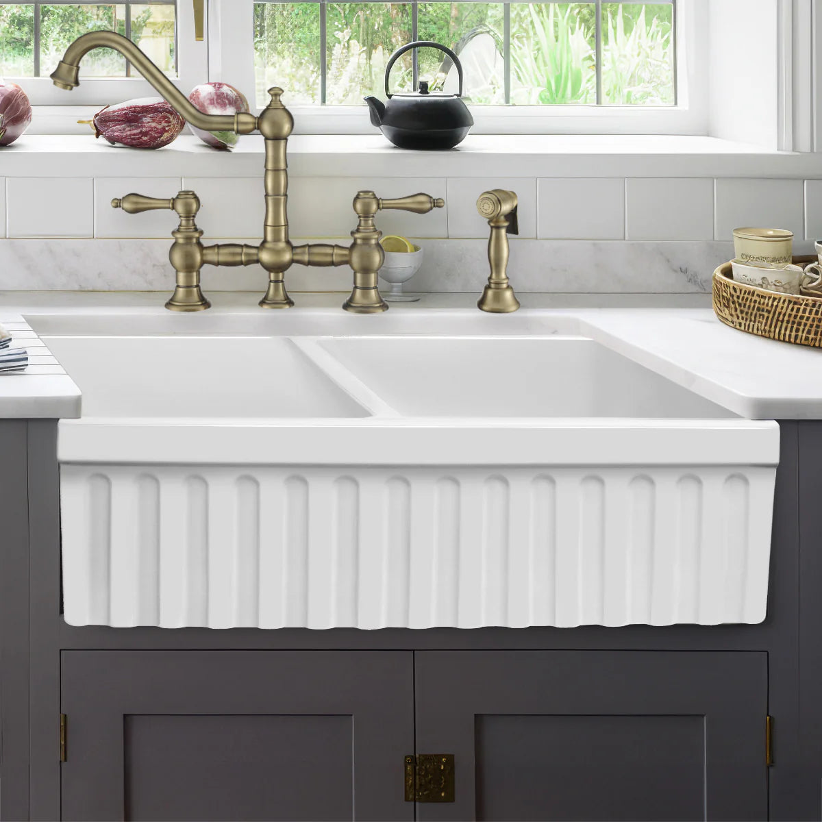 WHITEHAUS 33" Farmhaus Quatro Alcove Reversible Matte Double Bowl Fireclay Kitchen Sink WHQDB332 in elegant kitchen setting.