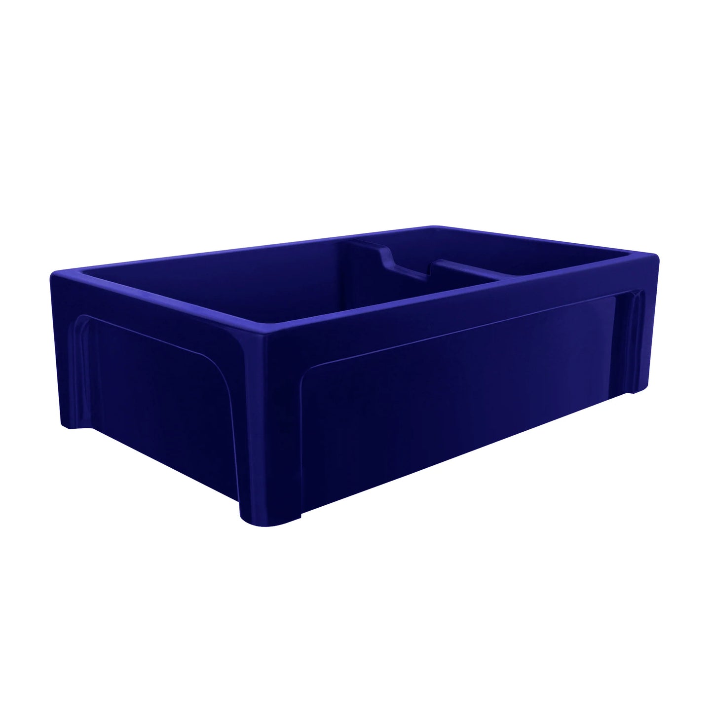 Glencove Fireclay 42" Large Double Bowl Reversible Sink with Beveled Front Apron in a deep blue finish.