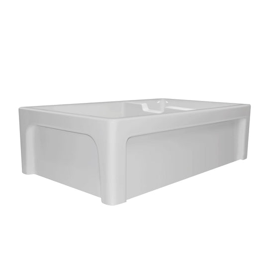Glencove Fireclay 42" Large Double Bowl Reversible Sink with Beveled Front Apron in a sleek white finish.
