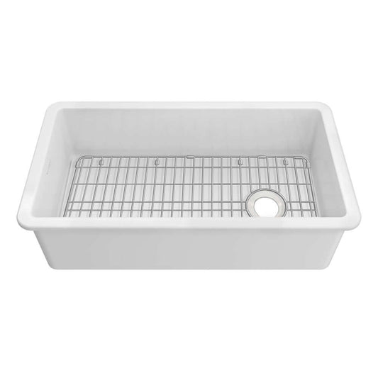 Whitehaus Fireclay 34" dual mount kitchen sink with included wire rack on a white background