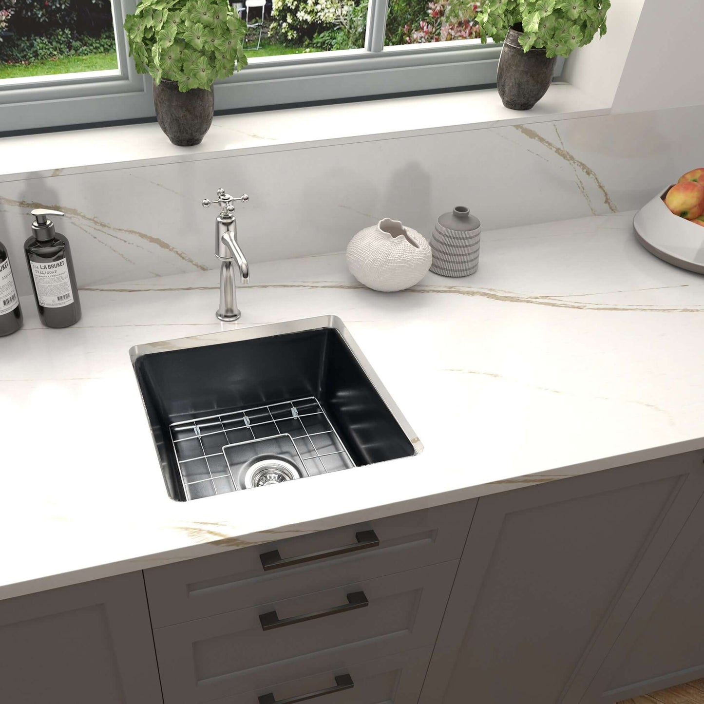 Nantucket 18" Fireclay Kitchen Sink Wellfleet-1818MB installed in a modern kitchen countertop design.