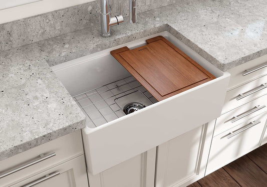 BOCCHI CONTEMPO 27" Fireclay Farmhouse Workstation Kitchen Sink with Accessories in a modern kitchen setting.
