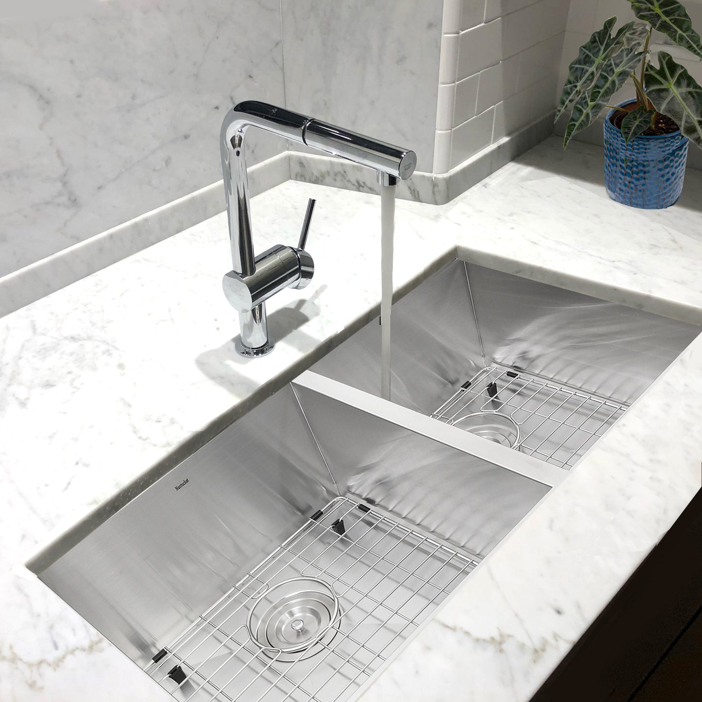 Nantucket ZR3219-OS-16 32-inch Pro Series 55/45 double bowl stainless steel kitchen sink, installed