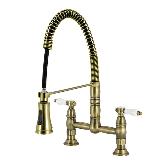Kingston Brass GS1273BPL Bel-Air Double-Handle Deck-Mount Pre-Rinse Bridge Kitchen Faucet, Antique Brass.