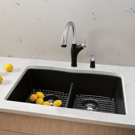 BLANCO Diamond SILGRANIT 32" 50/50 Double Bowl Undermount Kitchen Sink with Low Divide showcasing lemons and modern faucet.