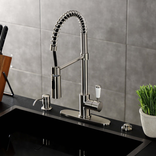 Gourmetier LS8778DPL Paris Single-Handle Deck-Mount Pre-Rinse Kitchen Faucet, Brushed Nickel, top view with flexible spout.
