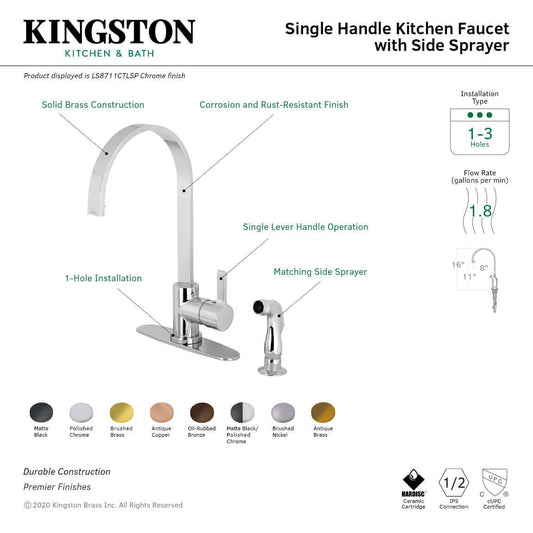 Kingston Brass LS8713CTLSP Continental Kitchen Faucet with Side Sprayer featuring a high-arc spout and matching side sprayer.