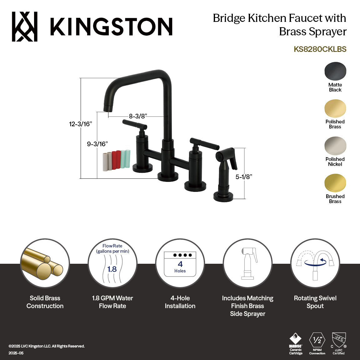 Kingston KS8287CKLBS Kaiser Bridge Kitchen Faucet with Brass Sprayer, Brushed Brass dimension and features
