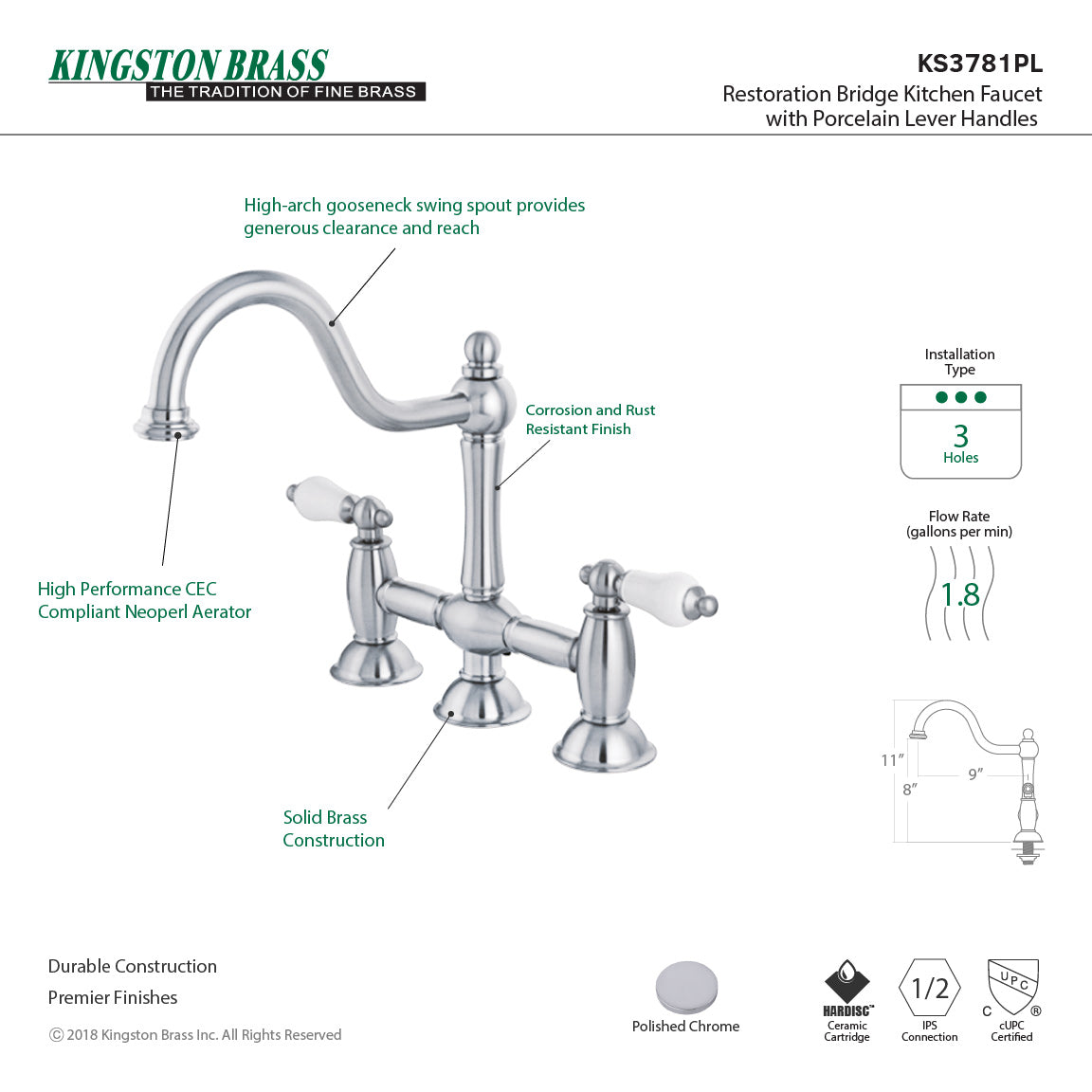 Kingston KS3781PL Restoration Bridge Kitchen Faucet, Polished Chrome showcasing high-arch gooseneck spout and porcelain lever handles.
