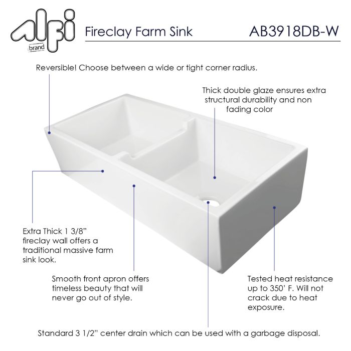 ALFI 39" White Smooth Apron Thick Wall Fireclay Double Bowl Farm Sink AB3918DB-W features two compartments and durable design.