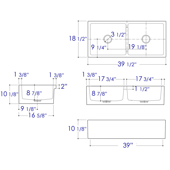 ALFI 39" White Smooth Apron Thick Wall Fireclay Double Bowl Farm Sink AB3918DB-W dimensions and specifications