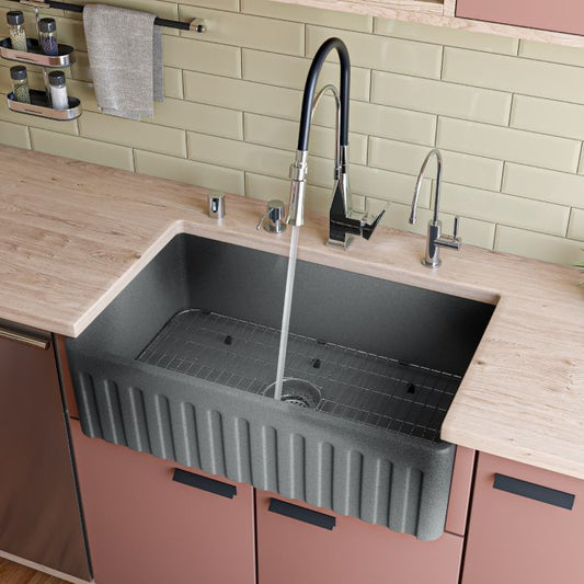 ALFI 33" Concrete Reversible Single Fireclay Farm Kitchen Sink ABCO3320SB in modern kitchen setting
