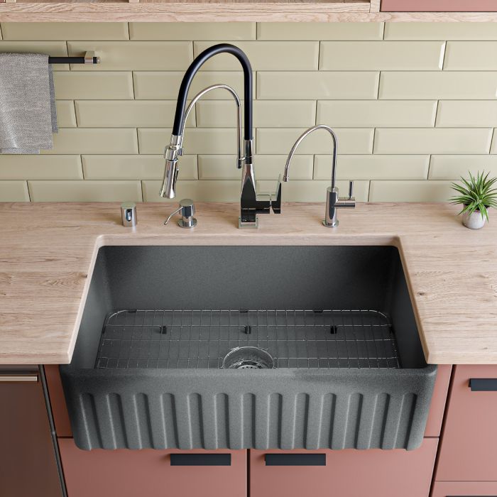 ALFI 33" Concrete Reversible Single Fireclay Farm Kitchen Sink ABCO3320SB in a modern kitchen setting.