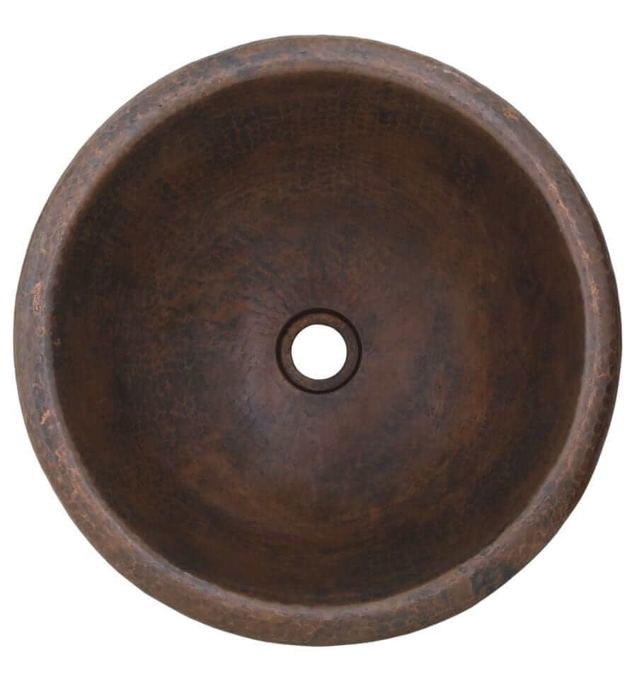 Thompson Tacambaro 15.5" Aged Copper Round Bathroom Sink - 2RP-BC top view showcasing deep weathered beauty.