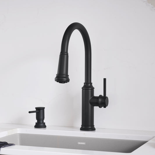 BLANCO Empressa High Arc Pull-Down Dual-Spray Kitchen Faucet in matte black finish with stylish elevated spout.