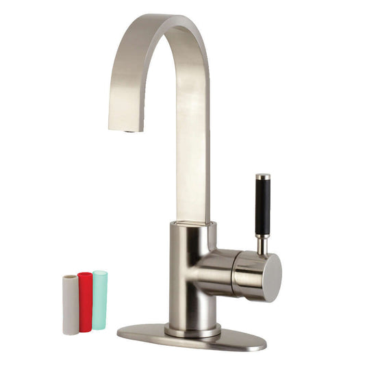 Kingston Brass LS8618DKL Kaiser Single-Handle Bar Faucet in brushed nickel, showcasing high-arc spout design from right side.