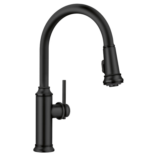 BLANCO Empressa High Arc Pull-Down Dual-Spray Kitchen Faucet in matte black finish, showcasing elevated spout design.