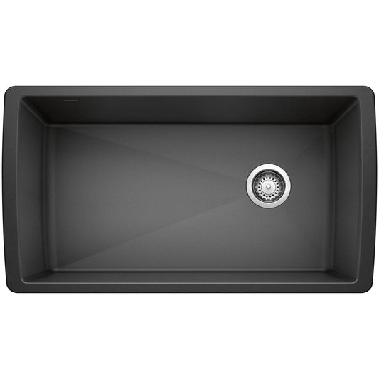 BLANCO Diamond SILGRANIT 33" Super Single Undermount Kitchen Sink in black finish with a central drain.