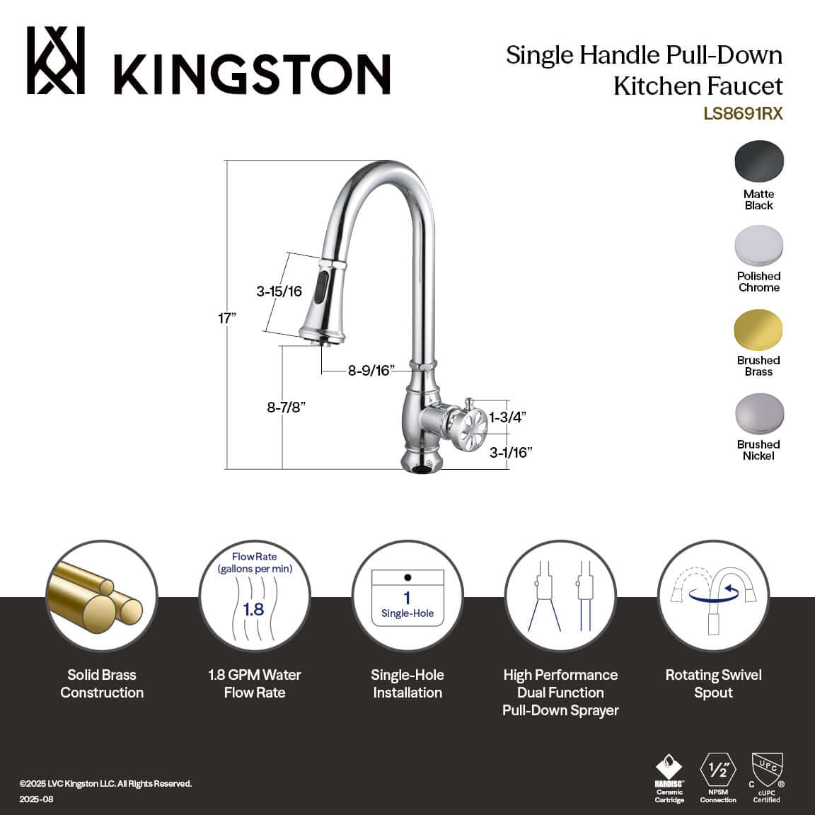 Kingston Brass LS8693RX Belknap Pull-Down Kitchen Faucet dimensions and features in polished chrome finish