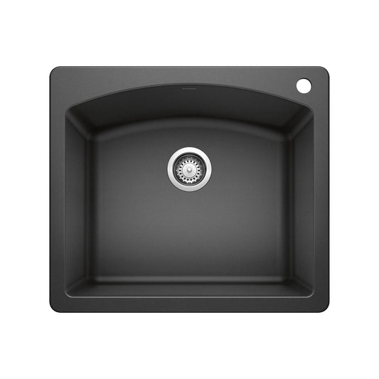 BLANCO Diamond SILGRANIT 25" Single Bowl Dual Mount Kitchen Sink in sleek black finish from above view.