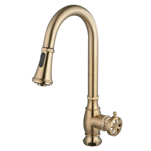 Kingston Brass LS8693RX Belknap Pull-Down Kitchen Faucet with wheel handle and high-arching spout, side view.