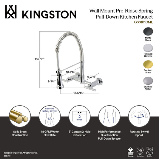 Kingston Brass GS8187CML Manhattan Double-Handle Wall-Mount Pre-Rinse Bridge Kitchen Faucet, Brushed Brass specifications and features.