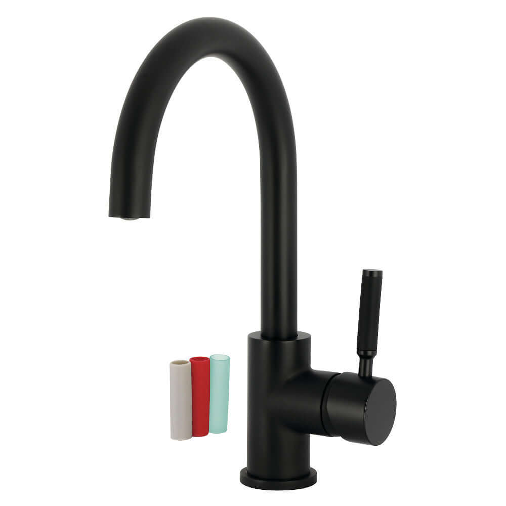 Fauceture LS8233DKL Kaiser Single-Handle Vessel Sink Faucet, Brushed Brass, left side view with handle and accessories.