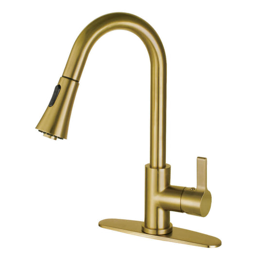 Kingston Brass LS8723CTL Continental Pull-Down Kitchen Faucet in brushed brass, showcasing a futuristic curved spout design.