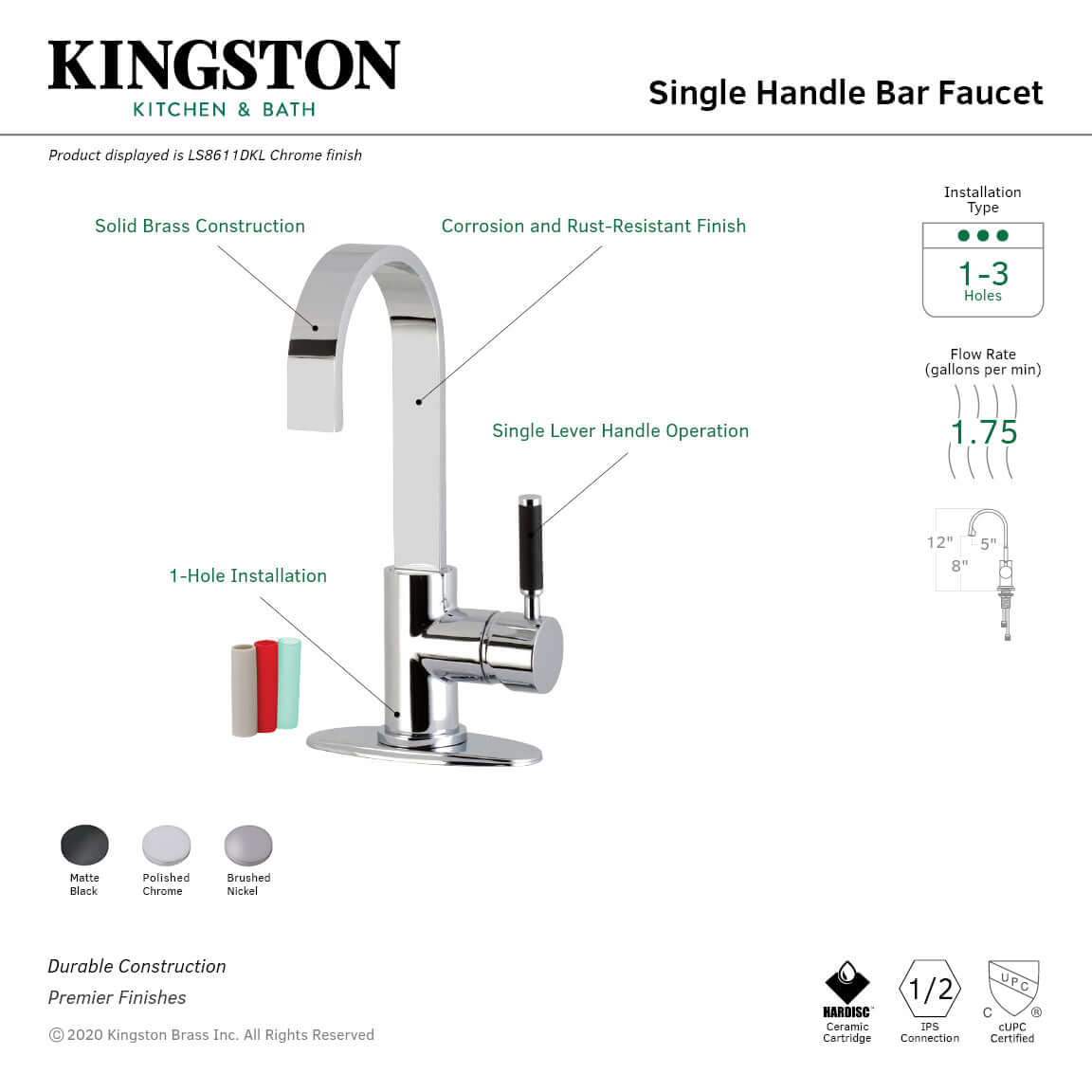 Kingston Brass LS8618DKL Kaiser Single-Handle Bar Faucet right side view with high-arc spout and single lever handle