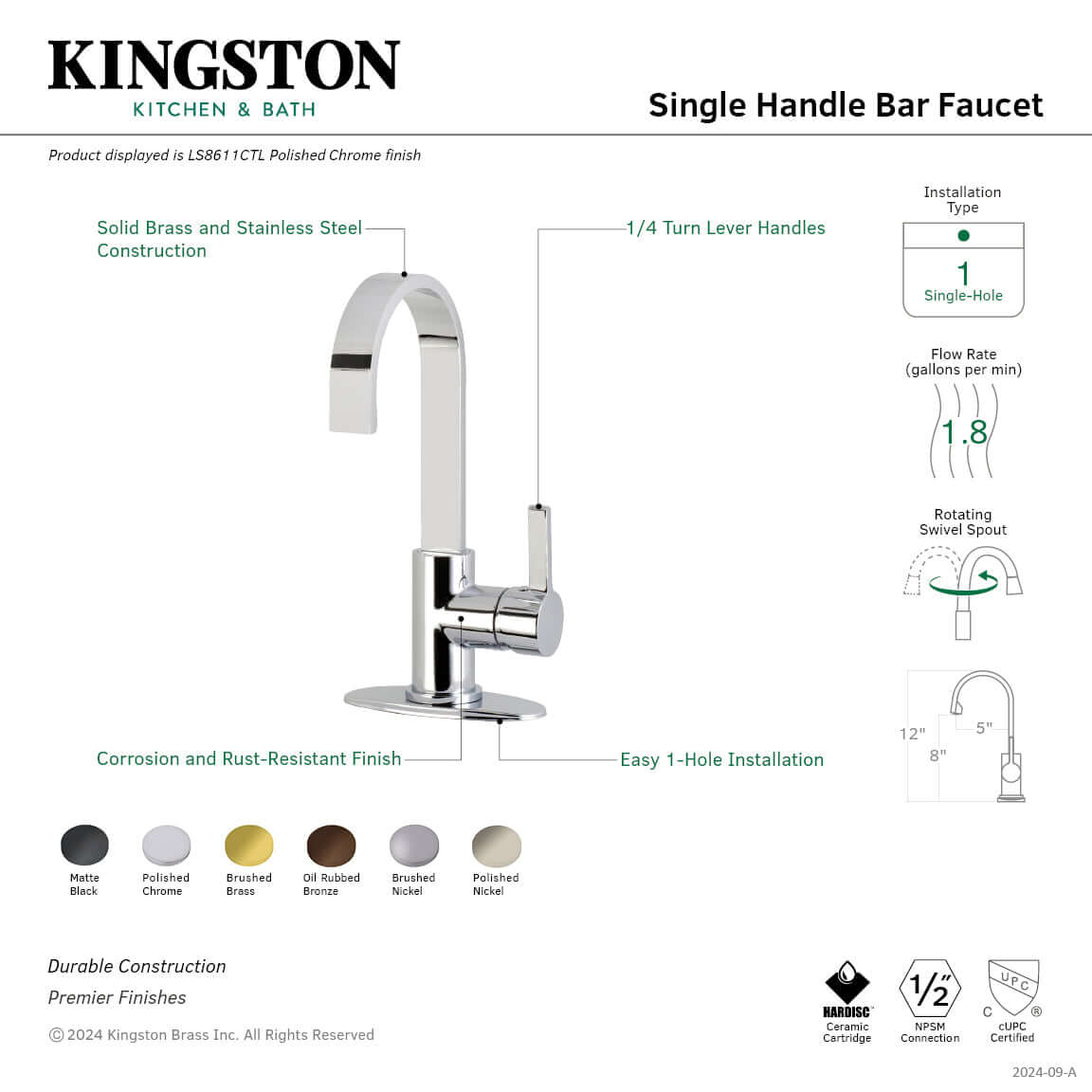 Kingston Brass LS8613CTL Continental Single-Handle Bar Faucet with gooseneck spout, featuring easy single-hole installation.