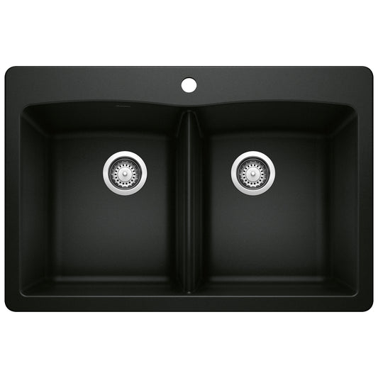 BLANCO Diamond SILGRANIT 33" 50/50 Double Bowl Dual Mount Kitchen Sink in sleek black design.