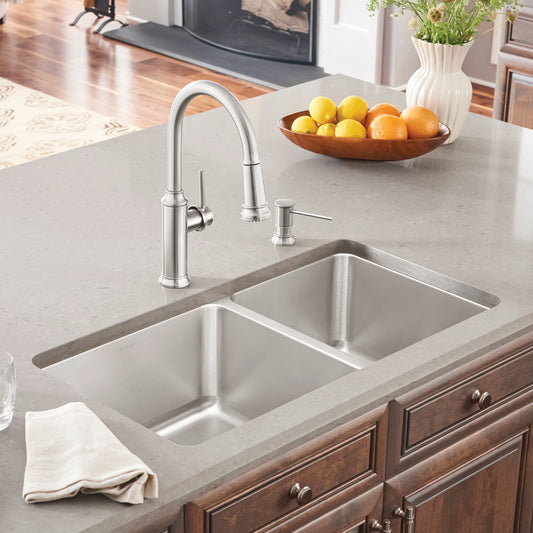 BLANCO Formera 33" 60/40 Double Bowl Undermount Stainless Steel Kitchen Sink with modern faucet and countertop.