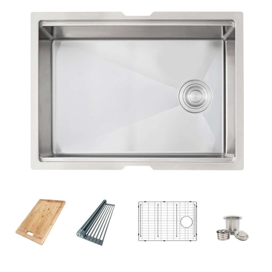 Top view of the Stylish Azuni 25" Workstation Stainless Steel Undermount Sink with cutting board and drying rack.